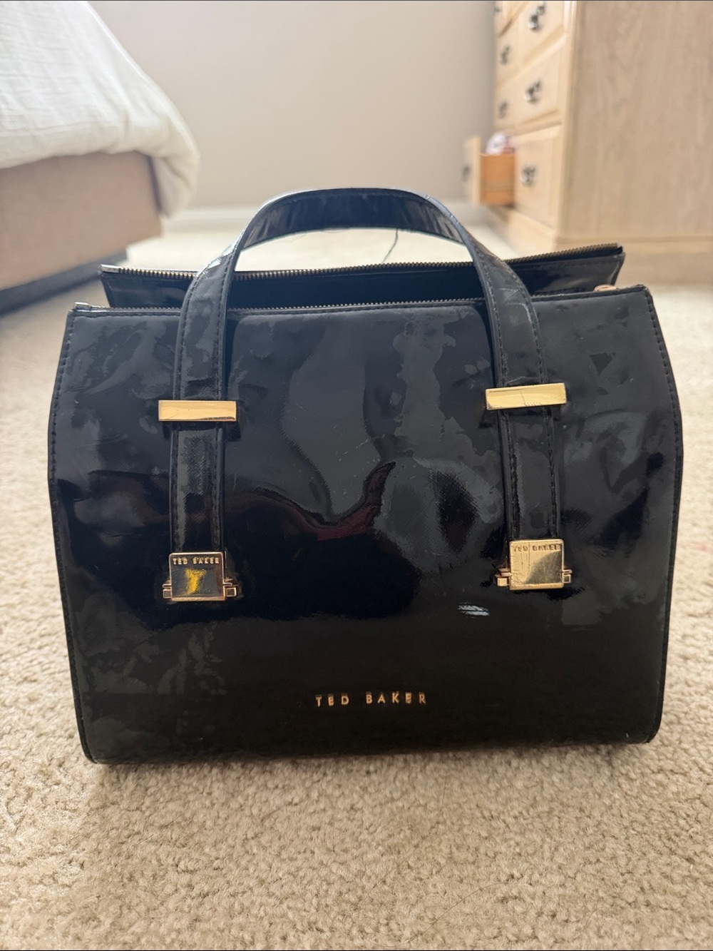 Ted Baker Black Patent Mini Top-Handle Satchel with Gold Hardware